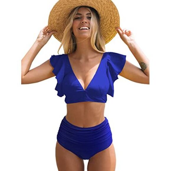 Sporlike Other - Womens Ruffle High Waist Two Piece Push Up Bikini (Solid Blue, Medium), Size: M